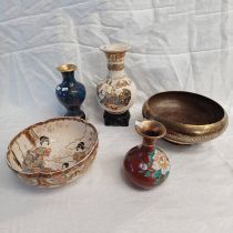 2 CLOISONNE VASES, INDIAN BRASS BOWL & SATSUMA PORCELAIN VASE,