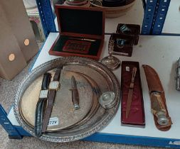 VARIOUS SILVER PLATED SALVERS & PLACE MATS, 2 SEIKO WATCHES LETTER OPENER,CASED LCULATOR,