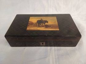 LATE 19TH CENTURY TARTAN WARE BOX WITH STAG HUNT DECORATION Condition Report: Wear,