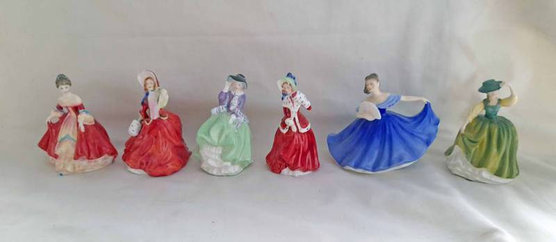 6 SMALL ROYAL DOULTON FIGURES INCLUDING AUTUMN BREEZES HN2176, SOUTHERN BELLE,