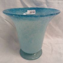 BLUE AND AQUAMARINE MONART GLASS VASE WITH LABEL TO BASE,