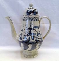 EARLY 19TH CENTURY PEARLWARE BLUE & WHITE COFFEE POT DECORATED WITH CHINESE LANDSCAPE SCENES.