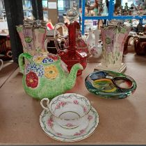 LATE 19TH CENTURY CRANBERRY GLASS CLARET JUG, PAIR OF ARTHUR WOOD ART POTTERY VASES,