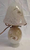 PALE WHITE AND GREEN MONART GLASS MUSHROOM TABLE LAMP