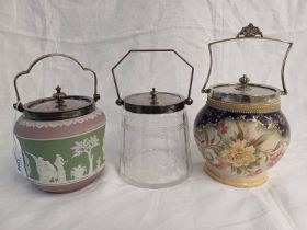 2 PORCELAIN BISCUIT BARRELS WITH SILVER PLATED MOUNTS & CUT GLASS BISCUIT BARREL WITH SILVER PLATED