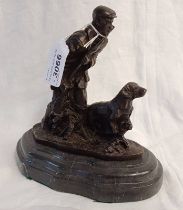 BRONZE FIGURE OF MAN WITH DOG ON MARBLE PLINTH 19CM TALL