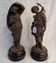 2 LATE 19TH CENTURY SPELTER METAL CLASSICAL FIGURES ON PLINTH BASES,