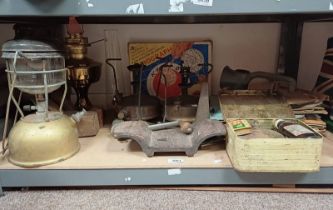 TILLY LAMP, MIRROR, WOODEN PLANES, VARIOUS OTHER BRASSWARE, RECORDS,