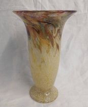 YELLOW AND AMETHYST MONART GLASS VASE WITH WHITE SPECKS TO BASE, 25.