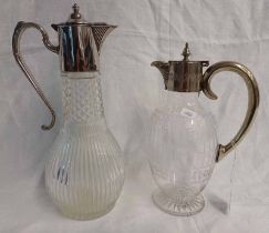 2 GLASS CLARET JUGS WITH SILVER PLATED MOUNTS