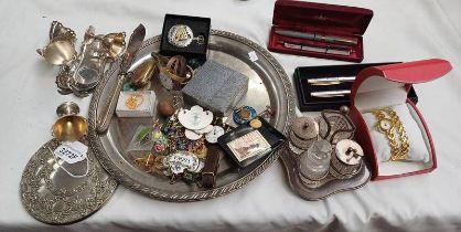 SELECTION OF SILVER PLATED WARE, JEWELLERY,