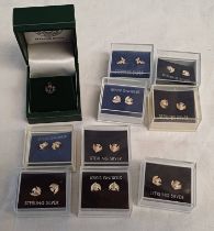 9 PAIRS OF STERLING SILVER EARRINGS IN BOXES & THISTLE TIE STUD