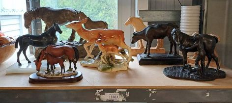 METAL BRONZED HORSE ON HARDSTONE BASE, VARIOUS WOODEN PORCELAIN & OTHER ANIMALS ON PLINTH BASES.