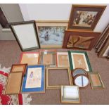 BRONZED FRAMED SCULPTURE OF A CITY SCENE, VARIOUS SIZED PICTURE FRAMES, PRINTS, ETC,