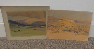 JM AITKEN, CASTLE ON THE HILL & PERTHSHIRE RURAL SCENE, BOTH SIGNED, 2 UNFRAMED WATER COLOURS,