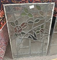 RECTANGULAR LEADED GLASS PANEL WITH COLOURED GLASS INSERTS TO FORM A ROSE. 65.