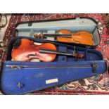 CHINESE VIOLIN WITH 36.5CM LONG 2 PIECE BACK IN CASE & 1 OTHER VIOLIN WITH 34.