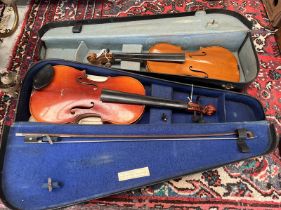 CHINESE VIOLIN WITH 36.5CM LONG 2 PIECE BACK IN CASE & 1 OTHER VIOLIN WITH 34.