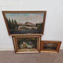 J SCOTT, EVENING HARBOUR SCENE, SIGNED , GILT FRAMED OIL PAINTING, TOGETHER WITH A W COURTNEY,