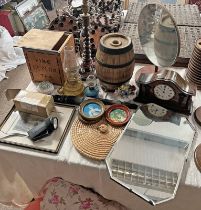 MANTLE CLOCK, POTTERY WHISKY BARREL, PARAFFIN LAMPS, BARLEY TWIST TABLE LAMP,