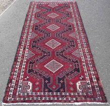 RED GROUND PERSIAN HAMADAN VILLAGE RUG CENTRAL DIAMOND MEDALLION DESIGN 260 X 135CM