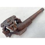 BURMESE CARVED WOODEN SMOKING PIPE, THE EXTERIOR OF THE BOWL CARVED WITH FIGURES AND BAND,