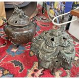 TWO METAL ORIENTAL LIDDED JARS WITH DECORATION