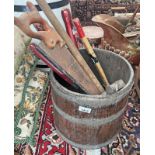 METAL BOUND WOOD BUCKET / PAIL WITH CONTENTS OF VARIOUS TOOLS