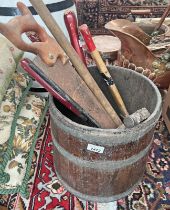 METAL BOUND WOOD BUCKET / PAIL WITH CONTENTS OF VARIOUS TOOLS