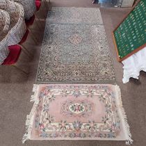 GREEN ROYAL KESHAN CARPET WITH FLORAL PATTERN, 275 CM X 141 CM, TOGETHER WITH SMALLER MATCHING RUG,