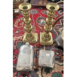 PAIR OF BRASS CANDLE STICKS AND A JAMES DIXON & SONS HIP FLASK