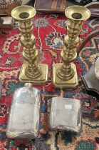PAIR OF BRASS CANDLE STICKS AND A JAMES DIXON & SONS HIP FLASK