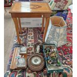 INLAID JEWELLERY BOX, CARVED WOOD WALL BAROMETER, GLASS INK WELLS ON WOOD STAND ETC.