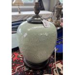 CHINESE GREEN GLAZED CELADON STYLE POTTERY TABLE LAMP ON WOOD BASE Condition Report: