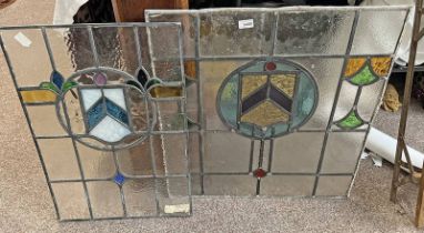 TWO SIMILAR LEADED GLASS PANELS WITH COLOURED GLASS INSERTS , 71 CM X 48 CM AND 74.