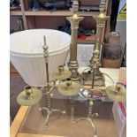 PAIR OF BRASS CORINTHIAN COLUMN LAMPS WITH SHADES AND A PAIR OF BRASS CANDLE STICK HOLDERS