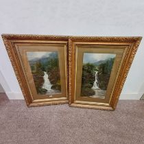 2 GILT FRAMED OIL PAINTINGS DEPICTING A WATERFALL & MOUNTAINS, BOTH UNSIGNED,