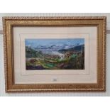 ANGUS EWART 'SNOW TOPPED MOUNTAINS' SINGED GILT FRAMED WATERCOLOUR 20 CM X 38 CM