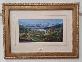 ANGUS EWART 'SNOW TOPPED MOUNTAINS' SINGED GILT FRAMED WATERCOLOUR 20 CM X 38 CM