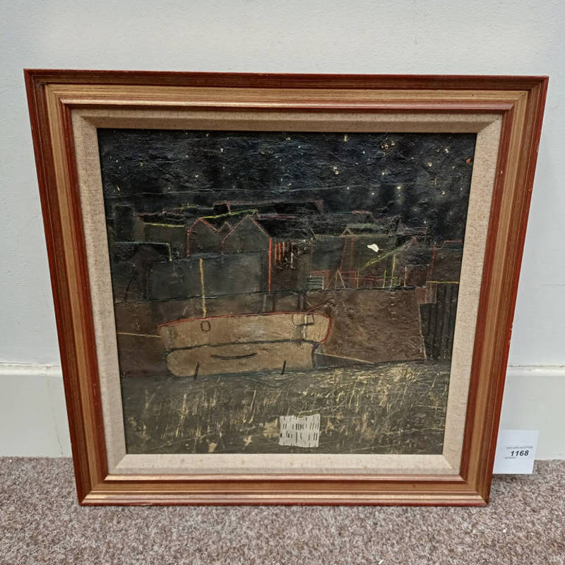 IAN STURROCK, ARBROATH HARBOUR, SIGNED TO REVERSE, FRAMED OIL ON CANVAS, 39.5 X 39.