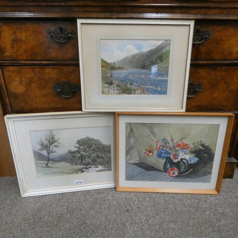 3 FRAMED WATERCOLOURS, J.