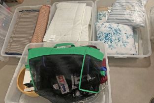 4 PLASTIC BOXES CONTAINING BED LINEN, RUGS, CUSHIONS,