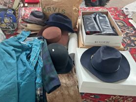 SELECTION OF CLOTHING TO INCLUDE BOOTS, HATS, FUR JACKET,