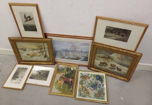 SELECTION OF PRINTS, WATERCOLOURS ETC TO INCLUDE ; HOWARD BUTTERWORTH, COUNTRYSIDE VIEW,