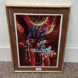FRAMED OIL PAINTING DEPICTING 2 CREATURE-LIKE FIGURES & A TREE,