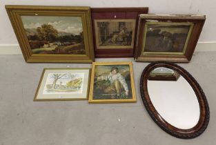 SELECTION OF PRINTS, OIL PAINTINGS ETC TO INCLUDE; GILT FRAMED OIL PAINTING OF A WATERFALL SCENE,