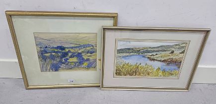 J MCKEON, RIVER EARN, FRAMED WATERCOLOUR AND INK, SIGNED, 24 CM X 39 CM, TOGETHER WITH J BOYD,