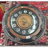 EARLY 20TH CENTURY CIRCULAR WALL CLOCK WITH GILT HANDS AND PAINTED ROMAN NUMERALS TO FACE.