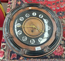 EARLY 20TH CENTURY CIRCULAR WALL CLOCK WITH GILT HANDS AND PAINTED ROMAN NUMERALS TO FACE.