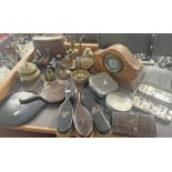 SMITHS AUTOMOTIVE CLOCK IN WOODEN MOUNT, VARIOUS FLY FISHING TINS, SOME FLIES AND CASTS, BRUSHES,